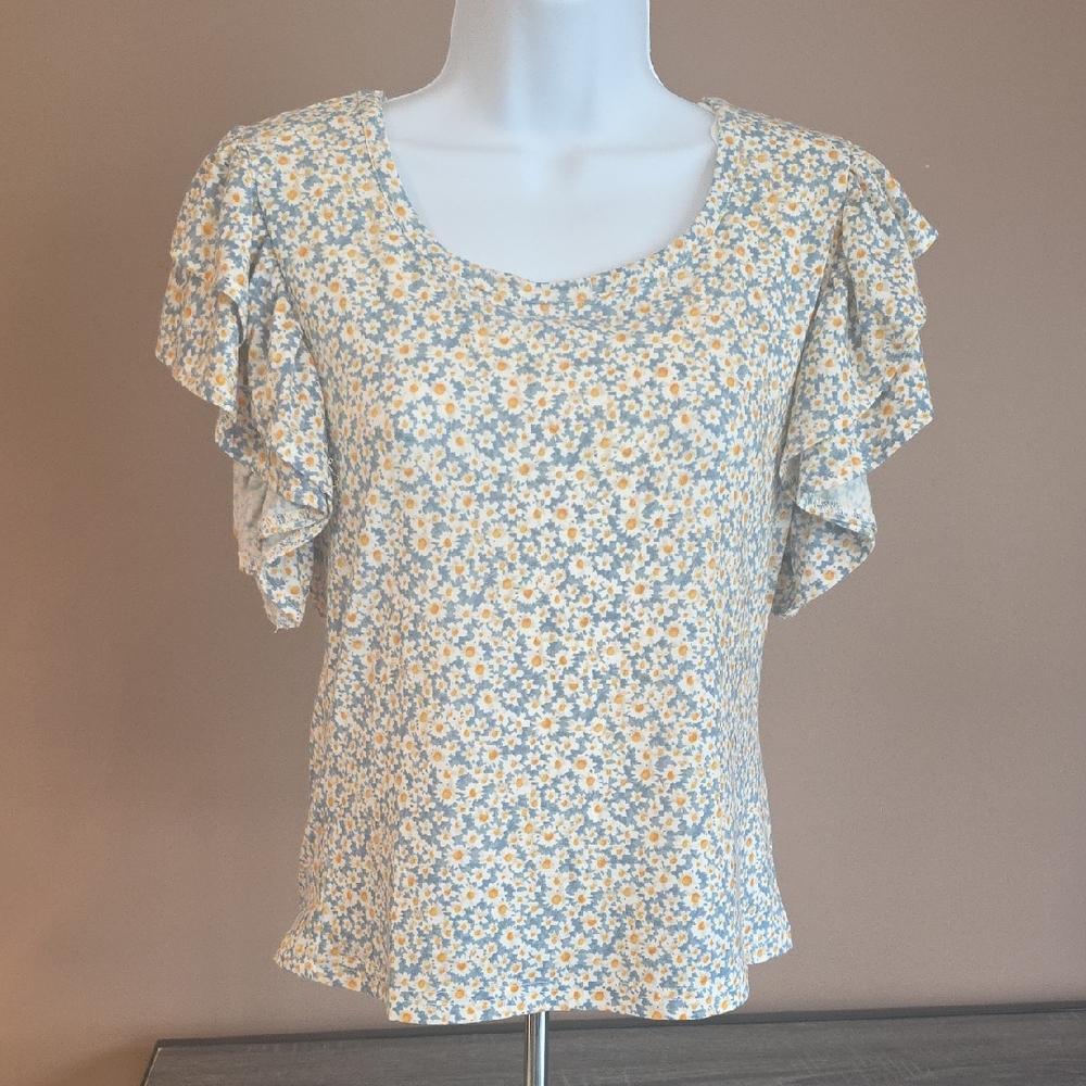 BiBi Blue Flutter Sleeve Ruffled Blouse